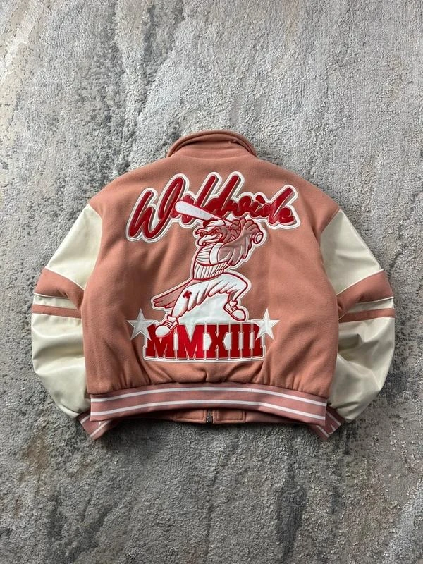 Vintage Y2K Pink Beige Embroidered Varsity Double Zip Jacket Size S
